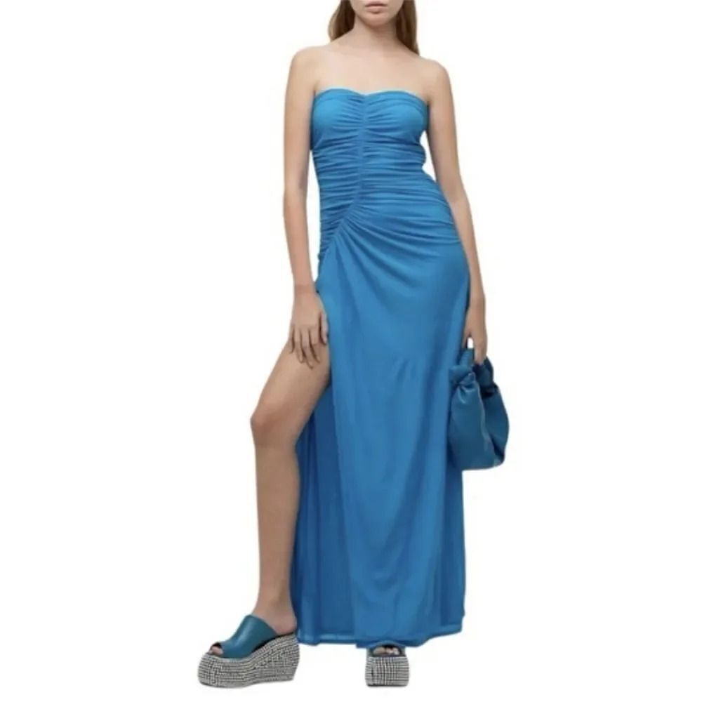 SIMON MILLER Blue Swizzle Strapless Ruched Side Slit Maxi Dress Size Large